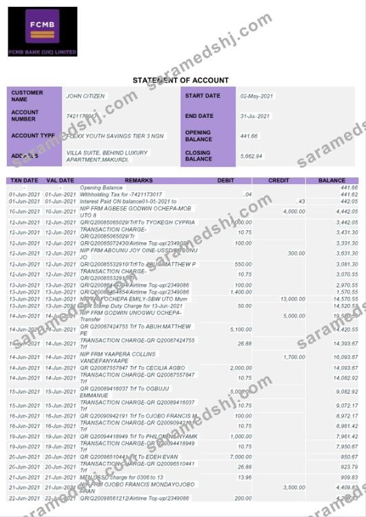 Nigeria FCMB bank statement Word and PDF template, 6 pages